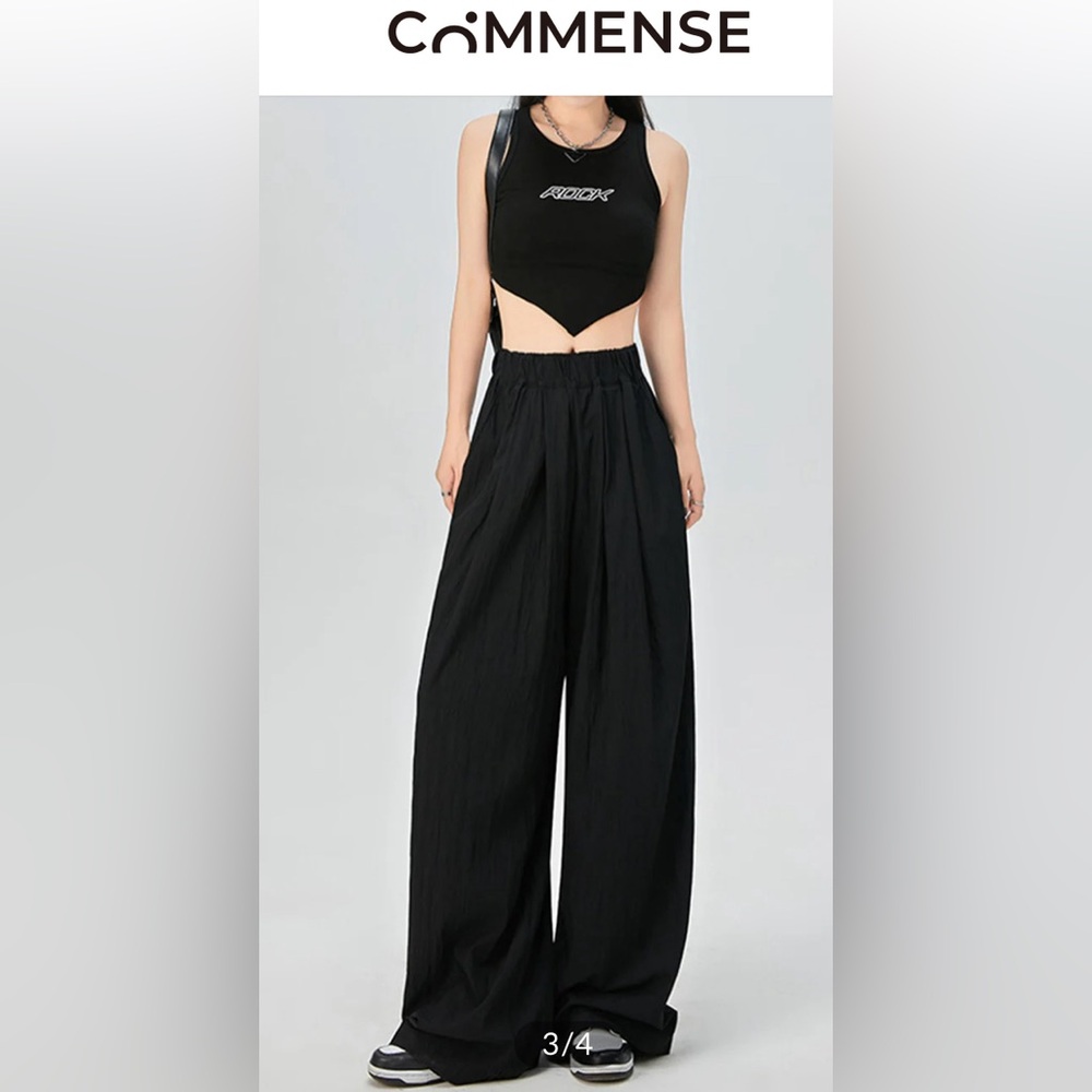 Commense gray elastic waist loose pleated wide leg  pants w/ pockets Medium